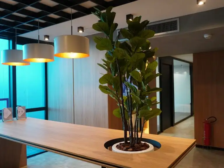 Ambiente de trabalho da BROffices com mesas e iluminação natural