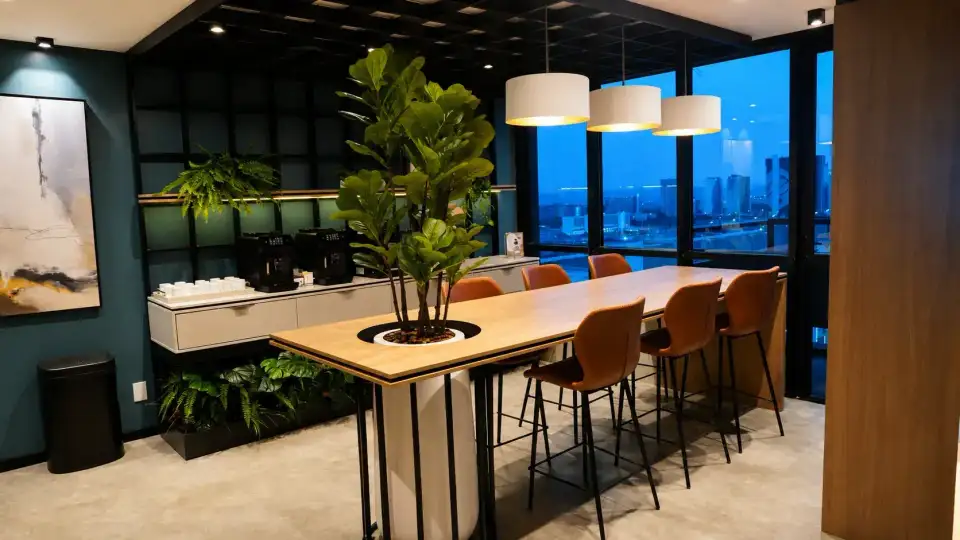 Café do Number One à noite, com mesa compartilhada e janelas com vista para a cidade iluminada